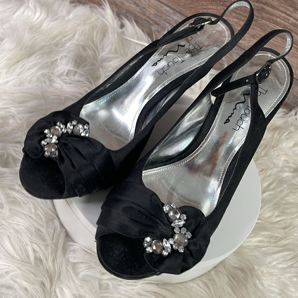 Touch of Nina Evening Dress Peep Toe Heels, Black Satin Rhinestones, Size 7 1/2